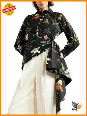 Dressy Floral Button Down Blouse - Asymmetrical Hem - Long Sleeve